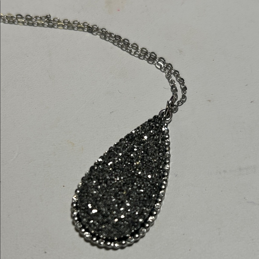 Silver Druzy Teardrop Pendant Necklace